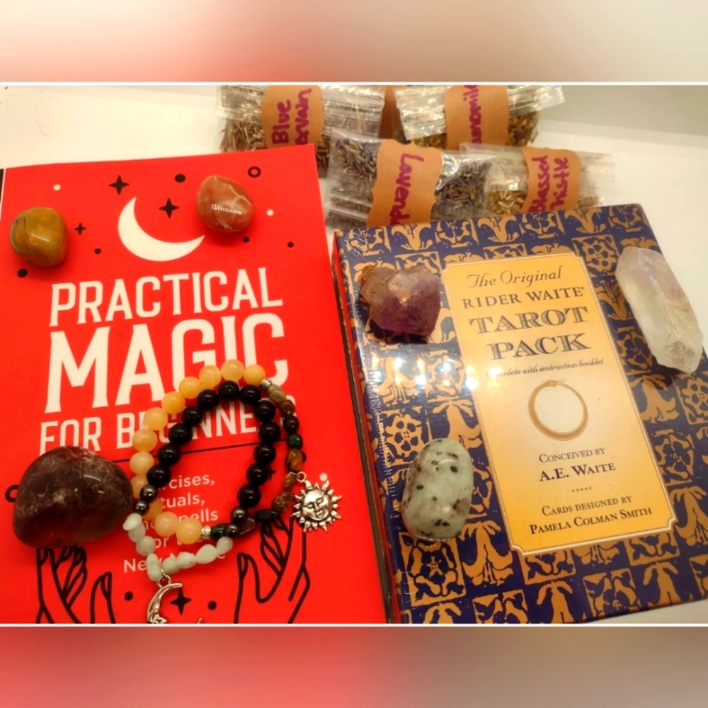 Beginner Witch Set- book, tarot, crystals, bracelets